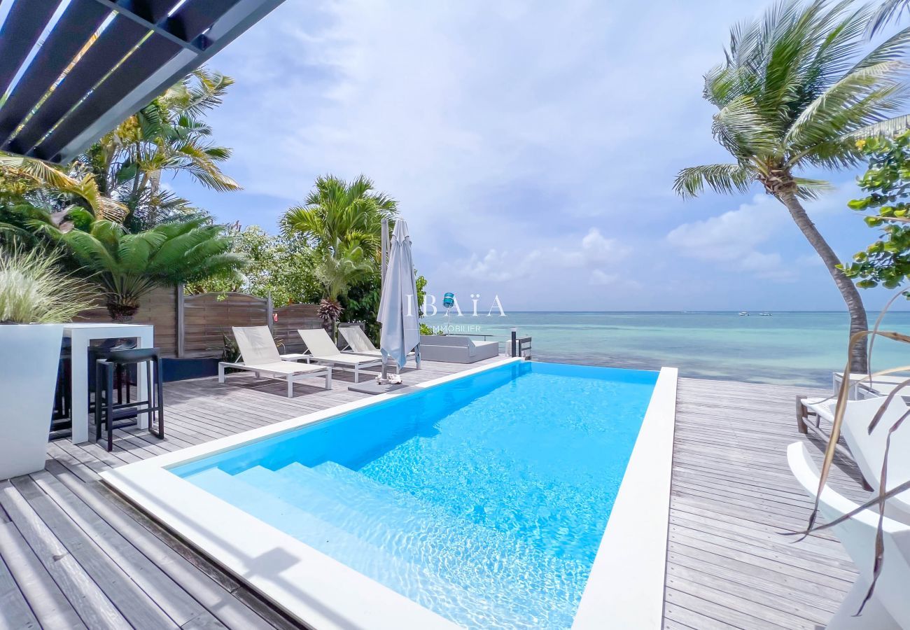 Infinity pool overlooking the ocean, lagoon of Saint François, wooden deck and terrace