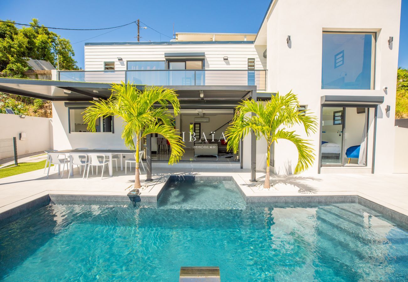 Modern white villa with large pool and palm trees in front