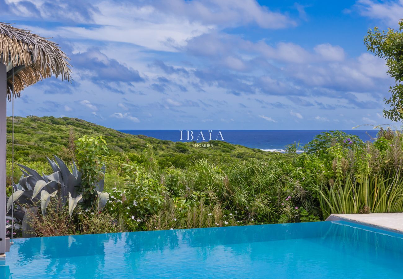 Pool, greenery, and ocean horizon