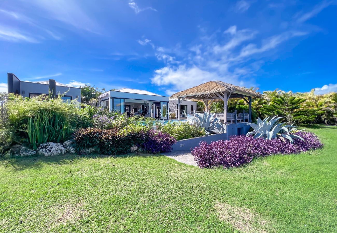 Lush garden with modern villa and thatched gazebo