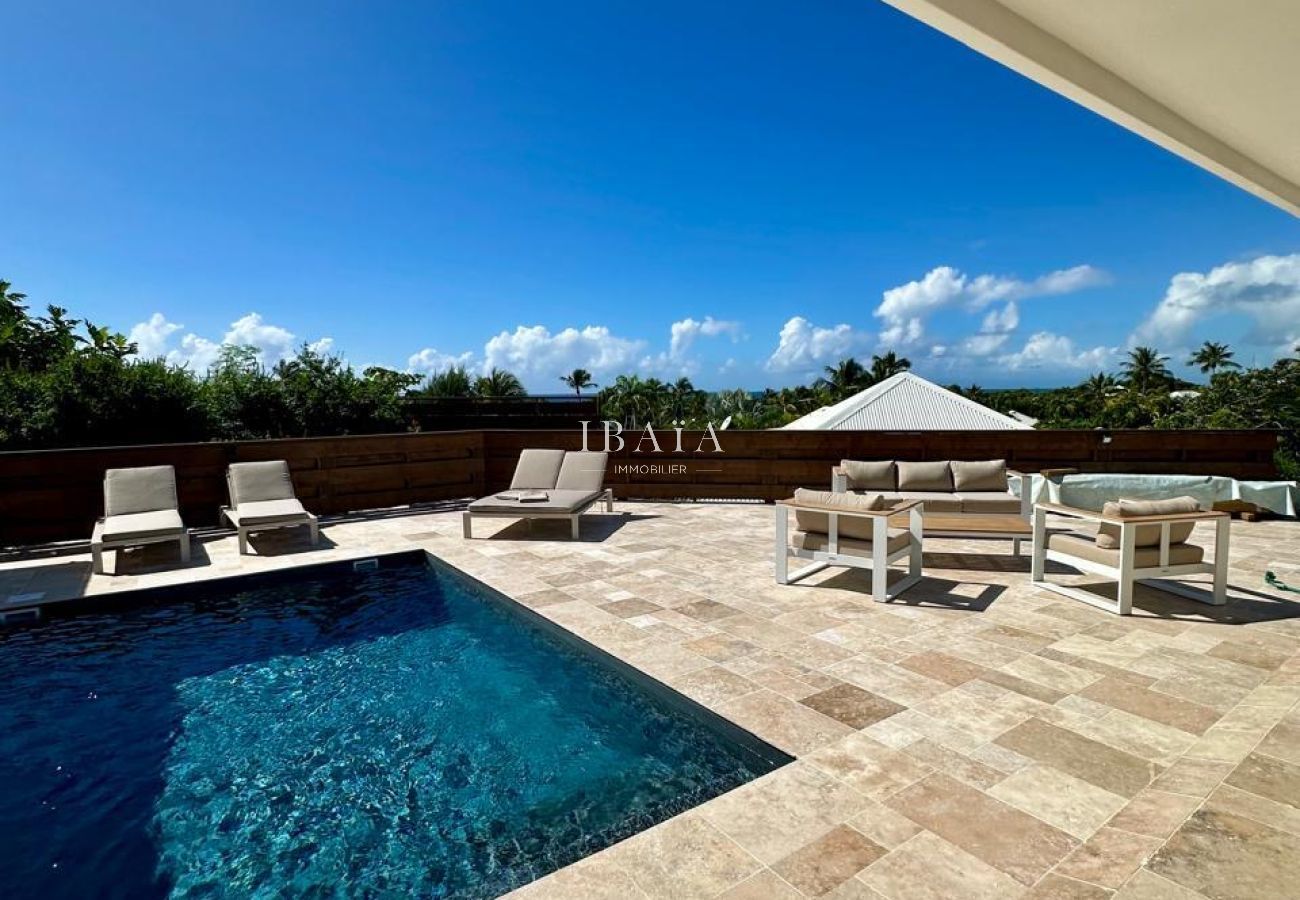 Private pool with sun loungers and open view