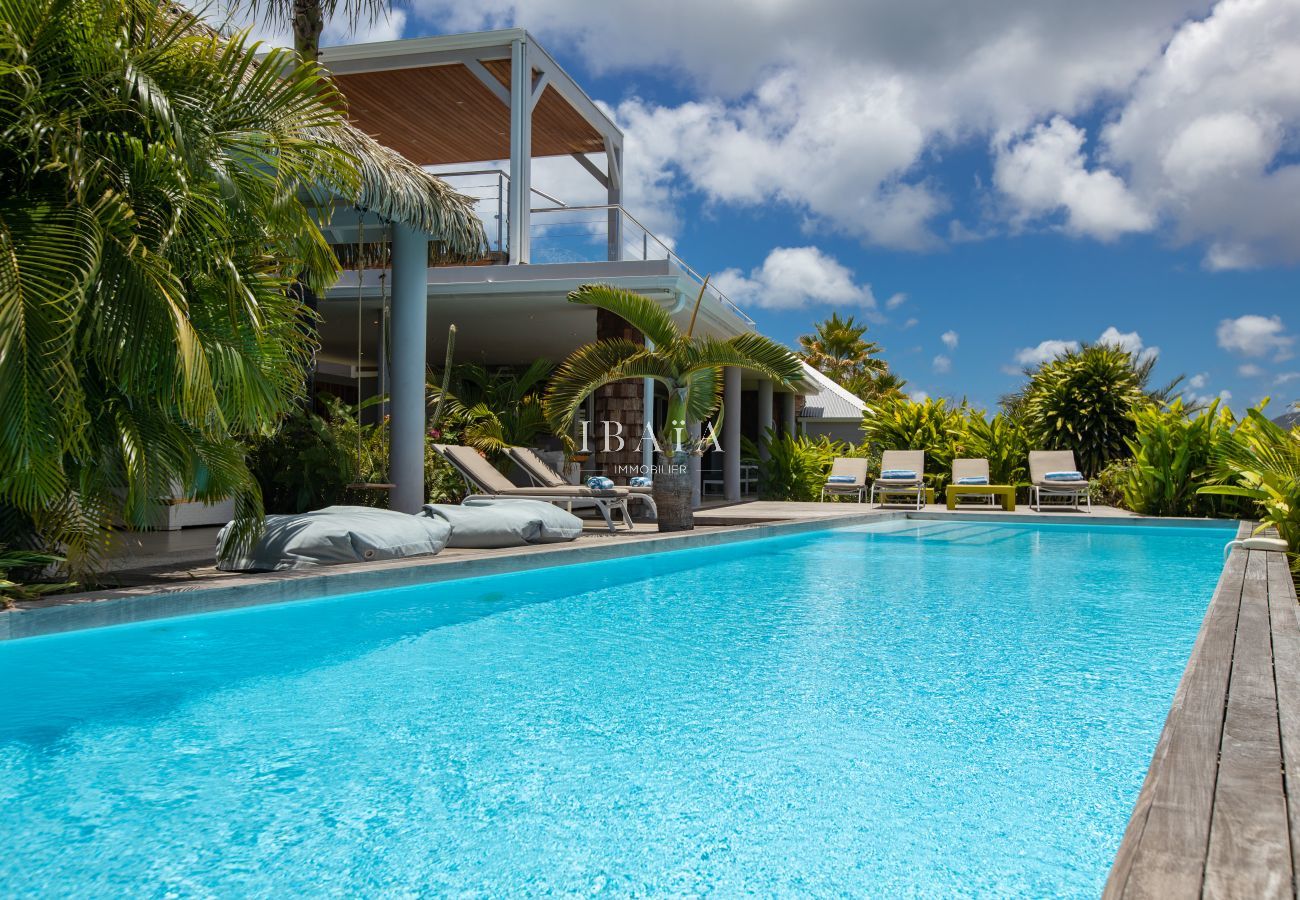 Vista de la gran piscina rectangular con tumbonas de nuestra villa de lujo en las Antillas