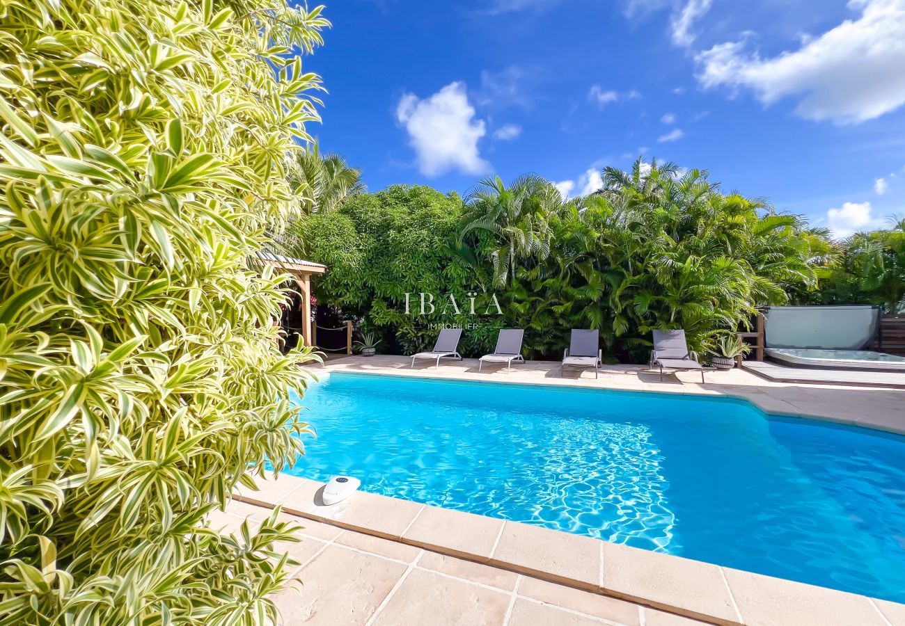 Piscina privada con tumbonas y vegetación