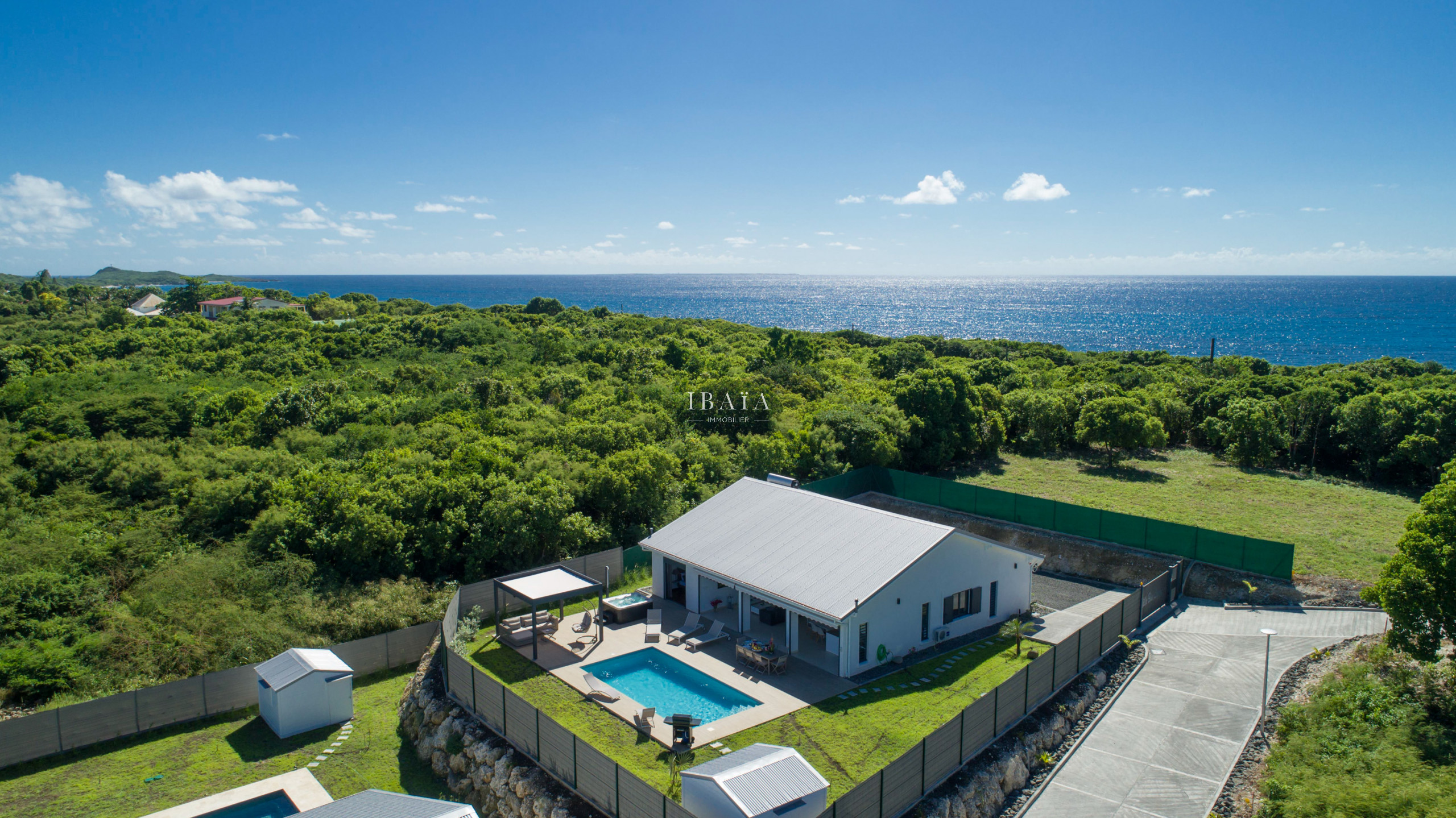 Vue aérienne exceptionnelle de la villa avec piscine, mer et végétation tropicale depuis la pointe des Châteaux, aux Antilles